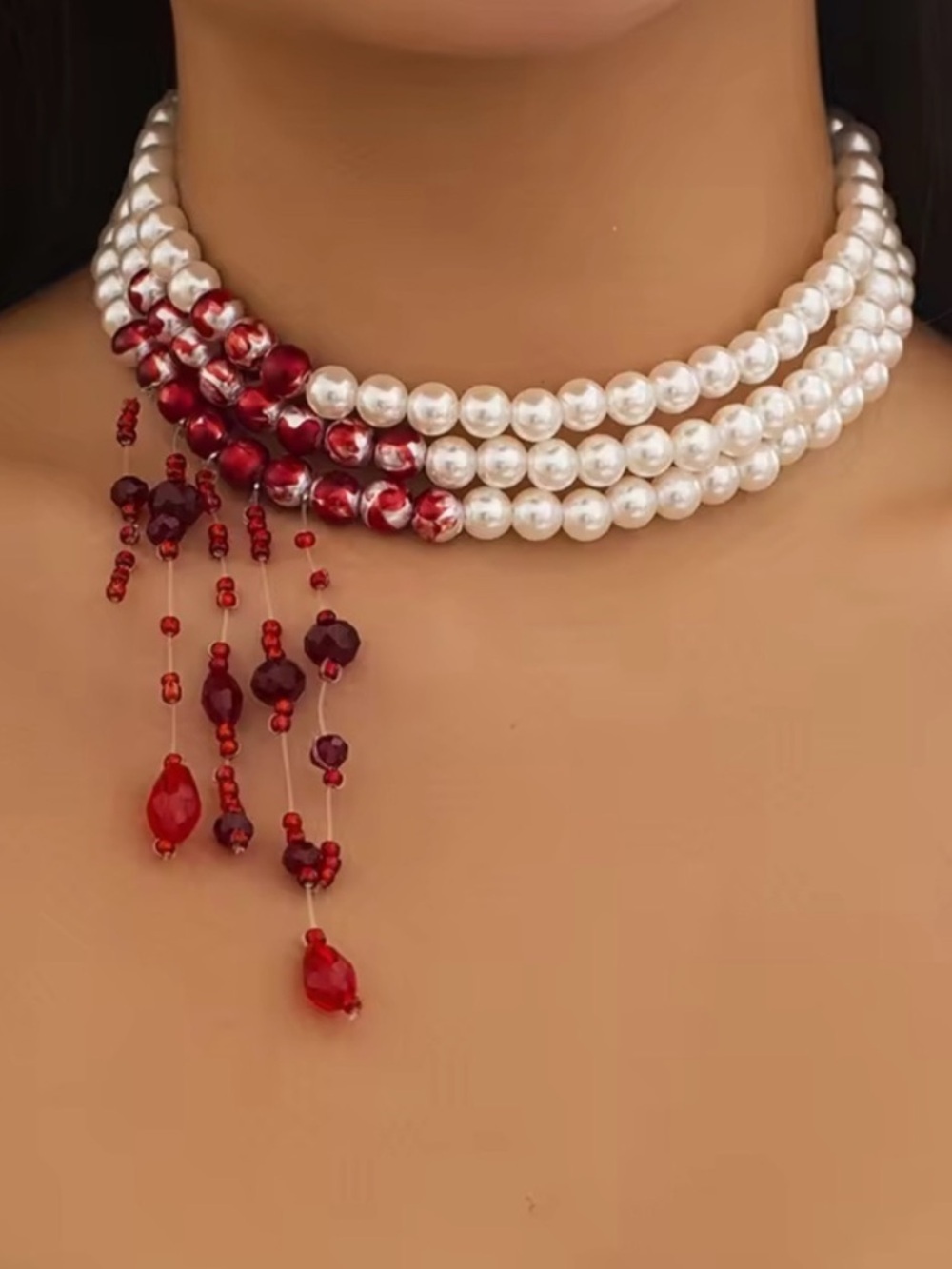 o Pearl Multi-Strand Necklace with Red Bead Droplets - Picture 2 of 2
